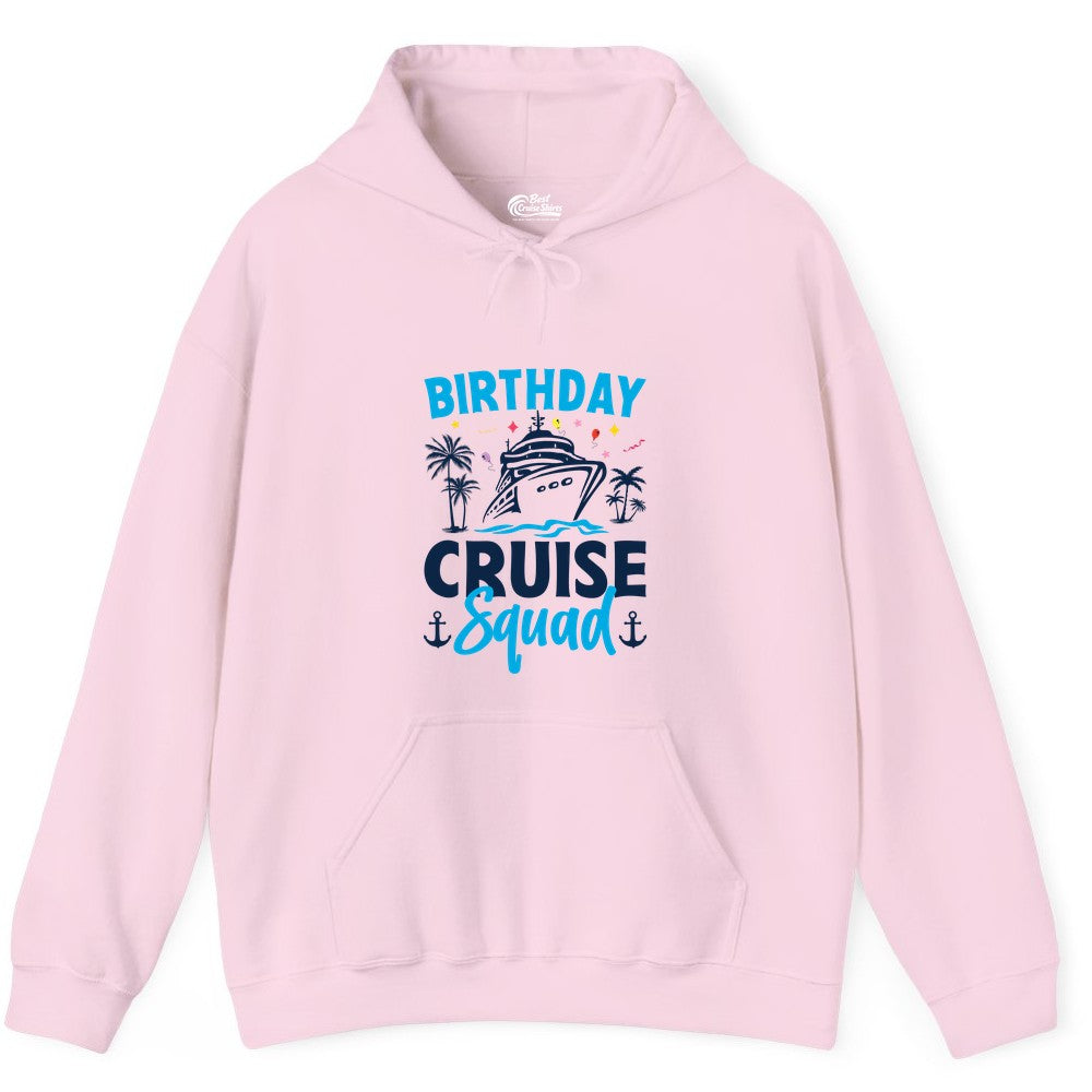 Birthday Cruise Squad Shirt - Tropical Birthday Cruise Apparel (Hoodie) in Light Pink - Birthday Cruise Squad Shirt with Ship Palm Trees Balloons Nautical Icons