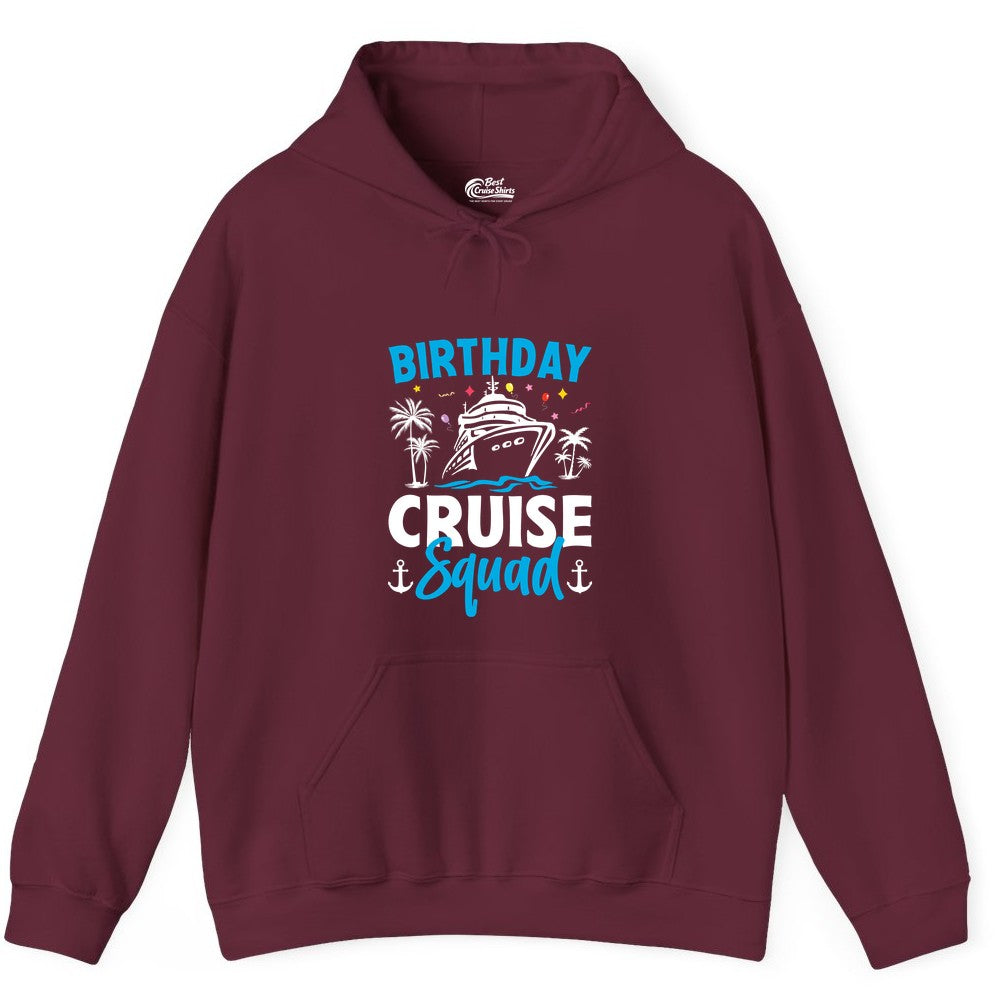 Birthday Cruise Squad Shirt - Tropical Birthday Cruise Apparel (Hoodie) in Maroon - Birthday Cruise Squad Shirt with Ship Palm Trees Balloons Nautical Icons