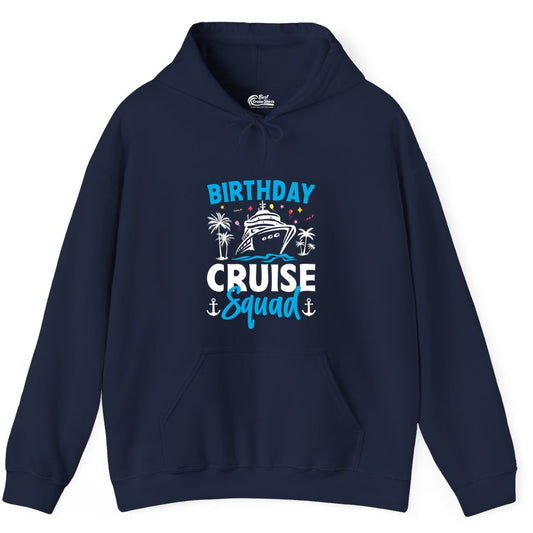 Birthday Cruise Squad Shirt - Tropical Birthday Cruise Apparel (Hoodie) in Navy - Birthday Cruise Squad Shirt with Ship Palm Trees Balloons Nautical Icons