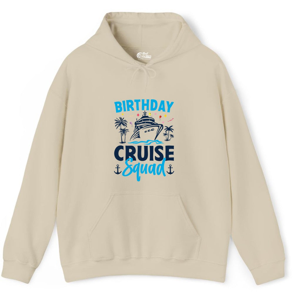 Birthday Cruise Squad Shirt - Tropical Birthday Cruise Apparel (Hoodie) in Sand - Birthday Cruise Squad Shirt with Ship Palm Trees Balloons Nautical Icons
