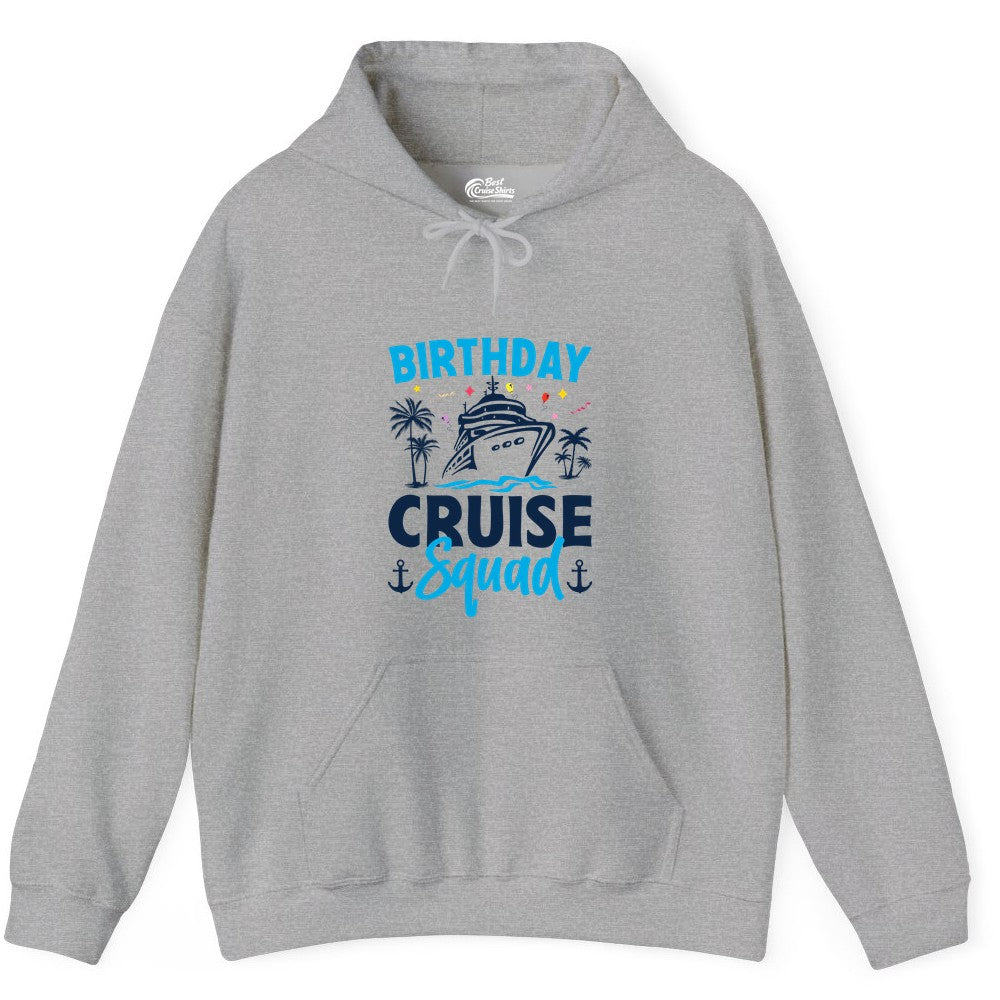 Birthday Cruise Squad Shirt - Tropical Birthday Cruise Apparel (Hoodie) in Sport Grey - Birthday Cruise Squad Shirt with Ship Palm Trees Balloons Nautical Icons