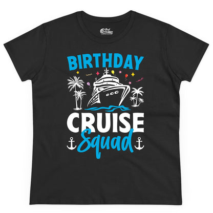 Birthday Cruise Squad Shirt - Tropical Birthday Cruise Apparel (Ladies Tee) in Black - Birthday Cruise Squad Shirt with Ship Palm Trees Balloons Nautical Icons