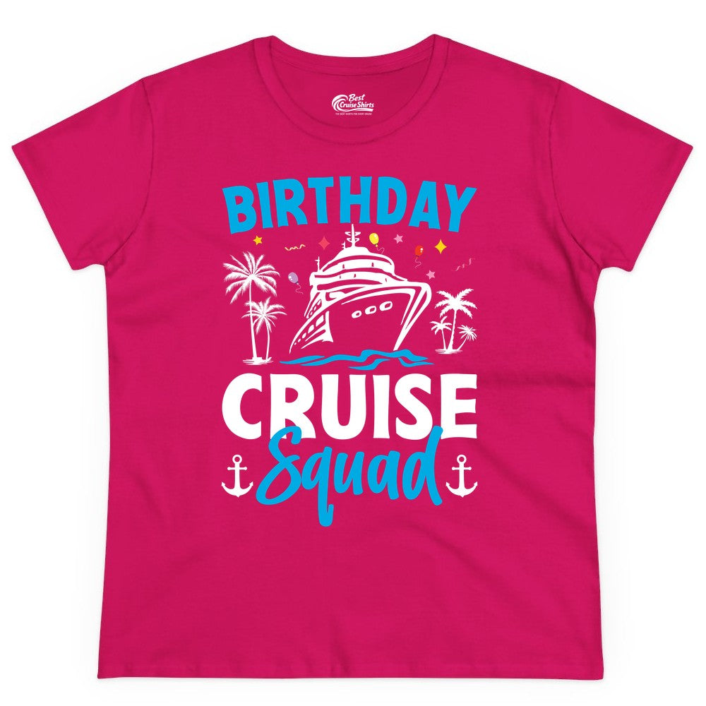 Birthday Cruise Squad Shirt - Tropical Birthday Cruise Apparel (Ladies Tee) in Heliconia - Birthday Cruise Squad Shirt with Ship Palm Trees Balloons Nautical Icons