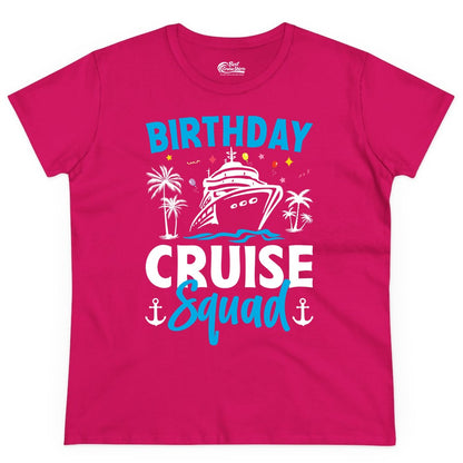 Birthday Cruise Squad Shirt - Tropical Birthday Cruise Apparel (Ladies Tee) in Heliconia - Birthday Cruise Squad Shirt with Ship Palm Trees Balloons Nautical Icons