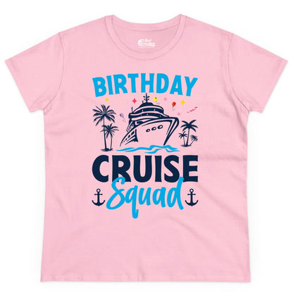 Birthday Cruise Squad Shirt - Tropical Birthday Cruise Apparel (Ladies Tee) in Light Pink - Birthday Cruise Squad Shirt with Ship Palm Trees Balloons Nautical Icons