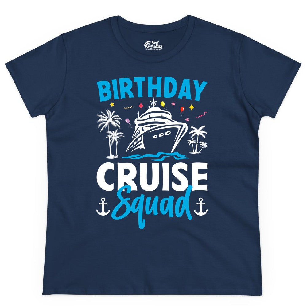 Birthday Cruise Squad Shirt - Tropical Birthday Cruise Apparel (Ladies Tee) in Navy - Birthday Cruise Squad Shirt with Ship Palm Trees Balloons Nautical Icons