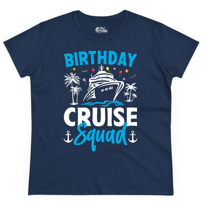 Birthday Cruise Squad Shirt - Tropical Birthday Cruise Apparel (Ladies Tee) in Navy - Birthday Cruise Squad Shirt with Ship Palm Trees Balloons Nautical Icons
