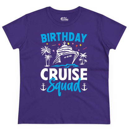 Birthday Cruise Squad Shirt - Tropical Birthday Cruise Apparel (Ladies Tee) in Purple - Birthday Cruise Squad Shirt with Ship Palm Trees Balloons Nautical Icons