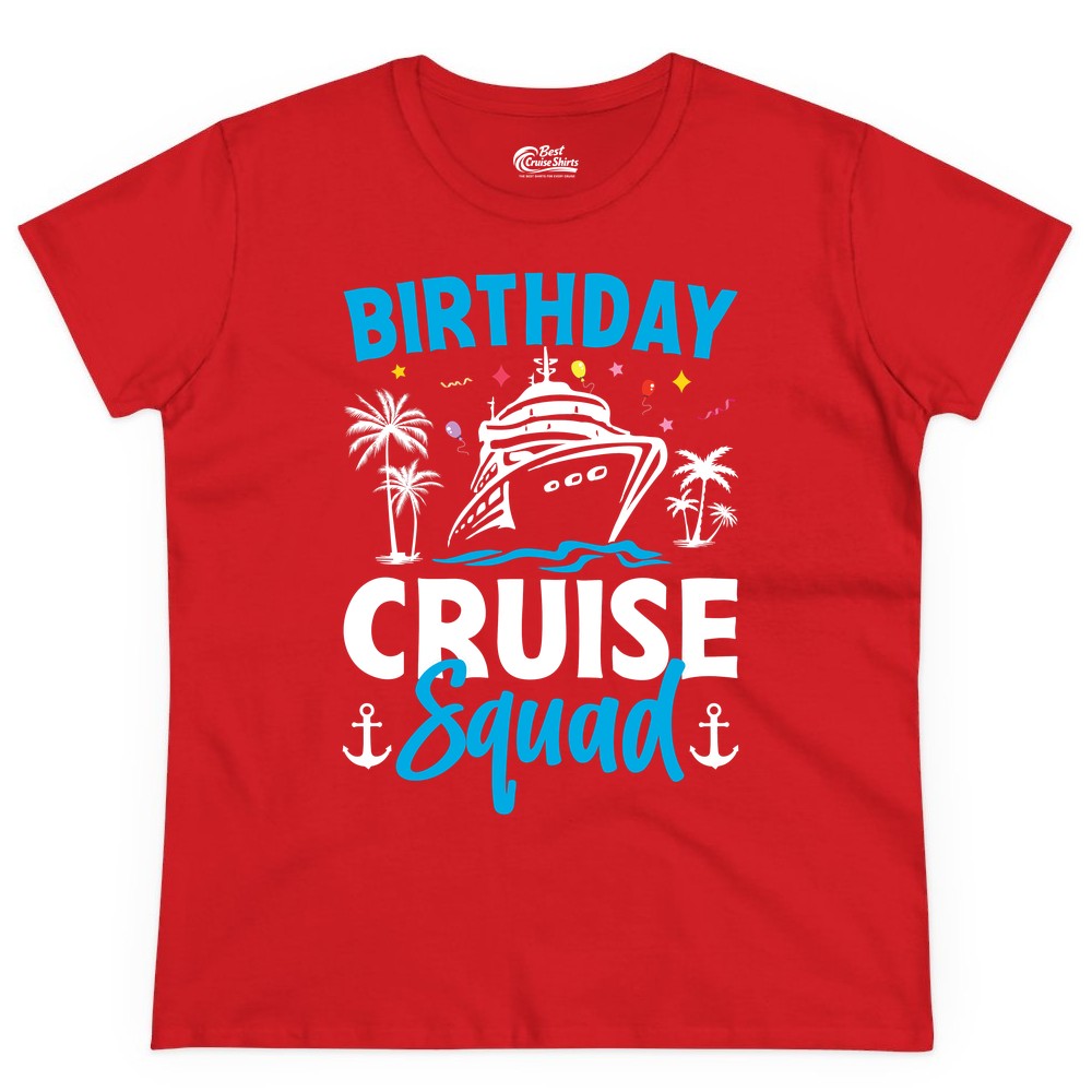 Birthday Cruise Squad Shirt - Tropical Birthday Cruise Apparel (Ladies Tee) in Red - Birthday Cruise Squad Shirt with Ship Palm Trees Balloons Nautical Icons