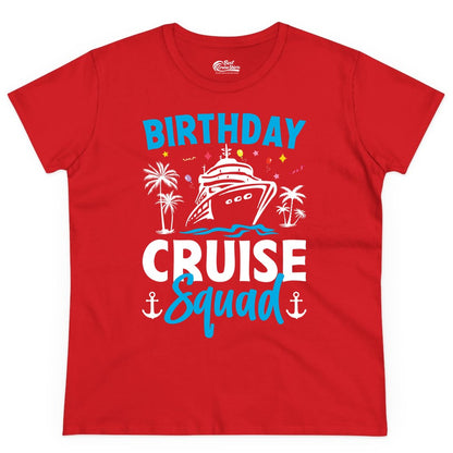 Birthday Cruise Squad Shirt - Tropical Birthday Cruise Apparel (Ladies Tee) in Red - Birthday Cruise Squad Shirt with Ship Palm Trees Balloons Nautical Icons