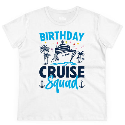 Birthday Cruise Squad Shirt - Tropical Birthday Cruise Apparel (Ladies Tee) in White - Birthday Cruise Squad Shirt with Ship Palm Trees Balloons Nautical Icons