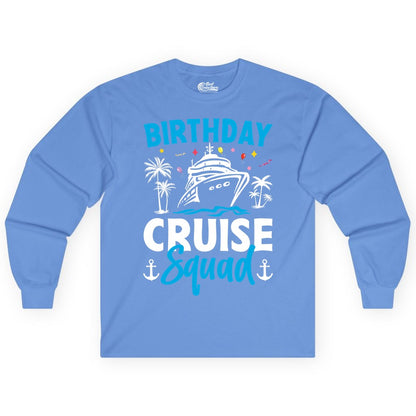 Birthday Cruise Squad Shirt - Tropical Birthday Cruise Apparel (Long Sleeve) in Carolina Blue - Birthday Cruise Squad Shirt with Ship Palm Trees Balloons Nautical Icons
