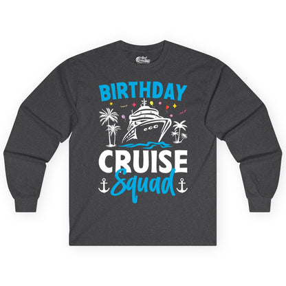 Birthday Cruise Squad Shirt - Tropical Birthday Cruise Apparel (Long Sleeve) in Dark Heather - Birthday Cruise Squad Shirt with Ship Palm Trees Balloons Nautical Icons
