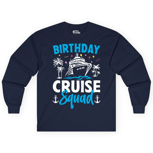 Birthday Cruise Squad Shirt - Tropical Birthday Cruise Apparel (Long Sleeve) in Navy - Birthday Cruise Squad Shirt with Ship Palm Trees Balloons Nautical Icons