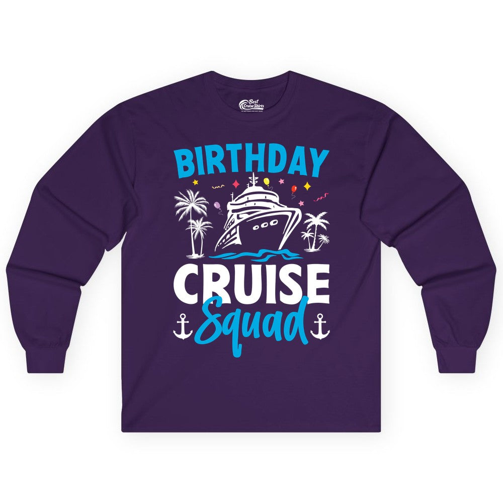 Birthday Cruise Squad Shirt - Tropical Birthday Cruise Apparel (Long Sleeve) in Purple - Birthday Cruise Squad Shirt with Ship Palm Trees Balloons Nautical Icons