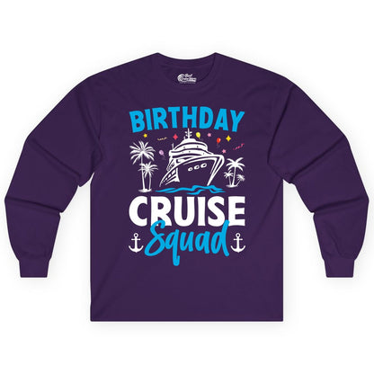 Birthday Cruise Squad Shirt - Tropical Birthday Cruise Apparel (Long Sleeve) in Purple - Birthday Cruise Squad Shirt with Ship Palm Trees Balloons Nautical Icons