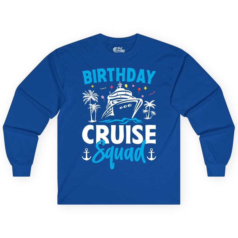 Birthday Cruise Squad Shirt - Tropical Birthday Cruise Apparel (Long Sleeve) in Royal - Birthday Cruise Squad Shirt with Ship Palm Trees Balloons Nautical Icons
