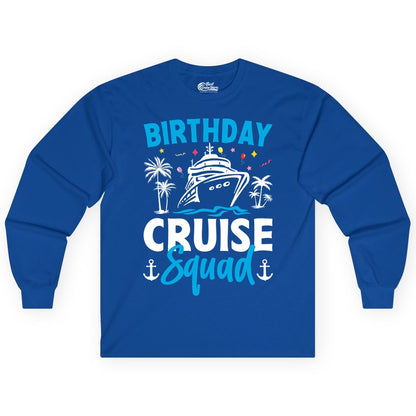 Birthday Cruise Squad Shirt - Tropical Birthday Cruise Apparel (Long Sleeve) in Royal - Birthday Cruise Squad Shirt with Ship Palm Trees Balloons Nautical Icons