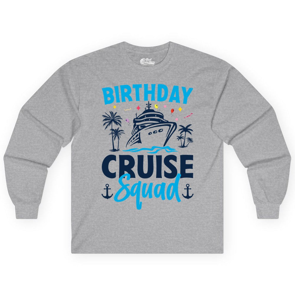 Birthday Cruise Squad Shirt - Tropical Birthday Cruise Apparel (Long Sleeve) in Sport Grey - Birthday Cruise Squad Shirt with Ship Palm Trees Balloons Nautical Icons