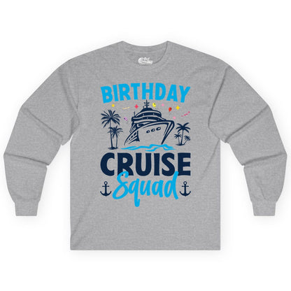 Birthday Cruise Squad Shirt - Tropical Birthday Cruise Apparel (Long Sleeve) in Sport Grey - Birthday Cruise Squad Shirt with Ship Palm Trees Balloons Nautical Icons