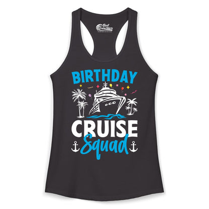 Birthday Cruise Squad Shirt - Tropical Birthday Cruise Apparel (Ladies Tank) in Black - Birthday Cruise Squad Shirt with Ship Palm Trees Balloons Nautical Icons