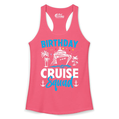 Birthday Cruise Squad Shirt - Tropical Birthday Cruise Apparel (Ladies Tank) in Hot Pink - Birthday Cruise Squad Shirt with Ship Palm Trees Balloons Nautical Icons