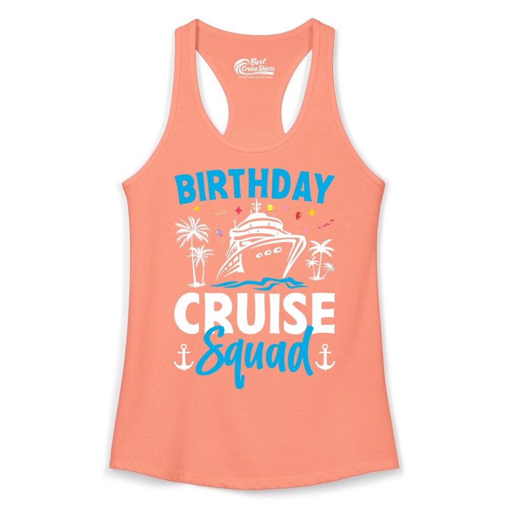 Birthday Cruise Squad Shirt - Tropical Birthday Cruise Apparel (Ladies Tank) in Solid Light Orange - Birthday Cruise Squad Shirt with Ship Palm Trees Balloons Nautical Icons