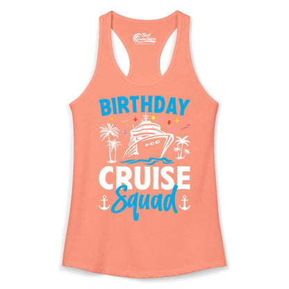 Birthday Cruise Squad Shirt - Tropical Birthday Cruise Apparel (Ladies Tank) in Solid Light Orange - Birthday Cruise Squad Shirt with Ship Palm Trees Balloons Nautical Icons