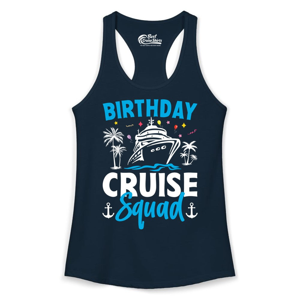 Birthday Cruise Squad Shirt - Tropical Birthday Cruise Apparel (Ladies Tank) in Solid Midnight Navy - Birthday Cruise Squad Shirt with Ship Palm Trees Balloons Nautical Icons