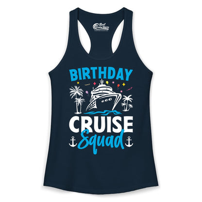Birthday Cruise Squad Shirt - Tropical Birthday Cruise Apparel (Ladies Tank) in Solid Midnight Navy - Birthday Cruise Squad Shirt with Ship Palm Trees Balloons Nautical Icons