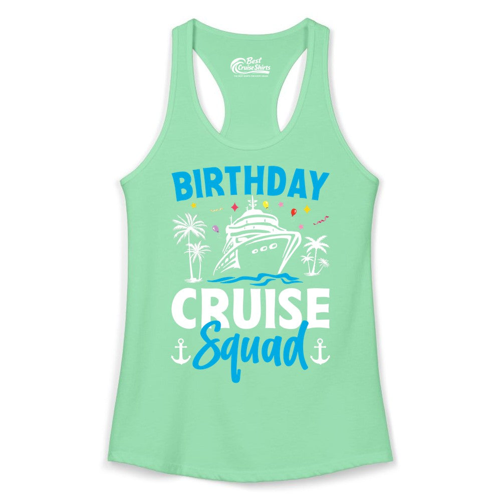 Birthday Cruise Squad Shirt - Tropical Birthday Cruise Apparel (Ladies Tank) in Solid Mint - Birthday Cruise Squad Shirt with Ship Palm Trees Balloons Nautical Icons