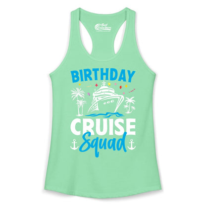 Birthday Cruise Squad Shirt - Tropical Birthday Cruise Apparel (Ladies Tank) in Solid Mint - Birthday Cruise Squad Shirt with Ship Palm Trees Balloons Nautical Icons