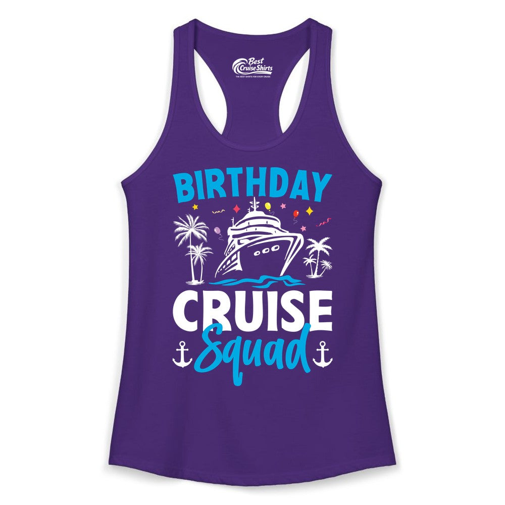 Birthday Cruise Squad Shirt - Tropical Birthday Cruise Apparel (Ladies Tank) in Solid Purple Rush - Birthday Cruise Squad Shirt with Ship Palm Trees Balloons Nautical Icons