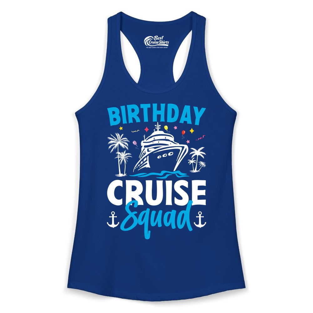 Birthday Cruise Squad Shirt - Tropical Birthday Cruise Apparel (Ladies Tank) in Solid Royal - Birthday Cruise Squad Shirt with Ship Palm Trees Balloons Nautical Icons