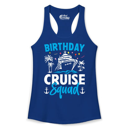 Birthday Cruise Squad Shirt - Tropical Birthday Cruise Apparel (Ladies Tank) in Solid Royal - Birthday Cruise Squad Shirt with Ship Palm Trees Balloons Nautical Icons