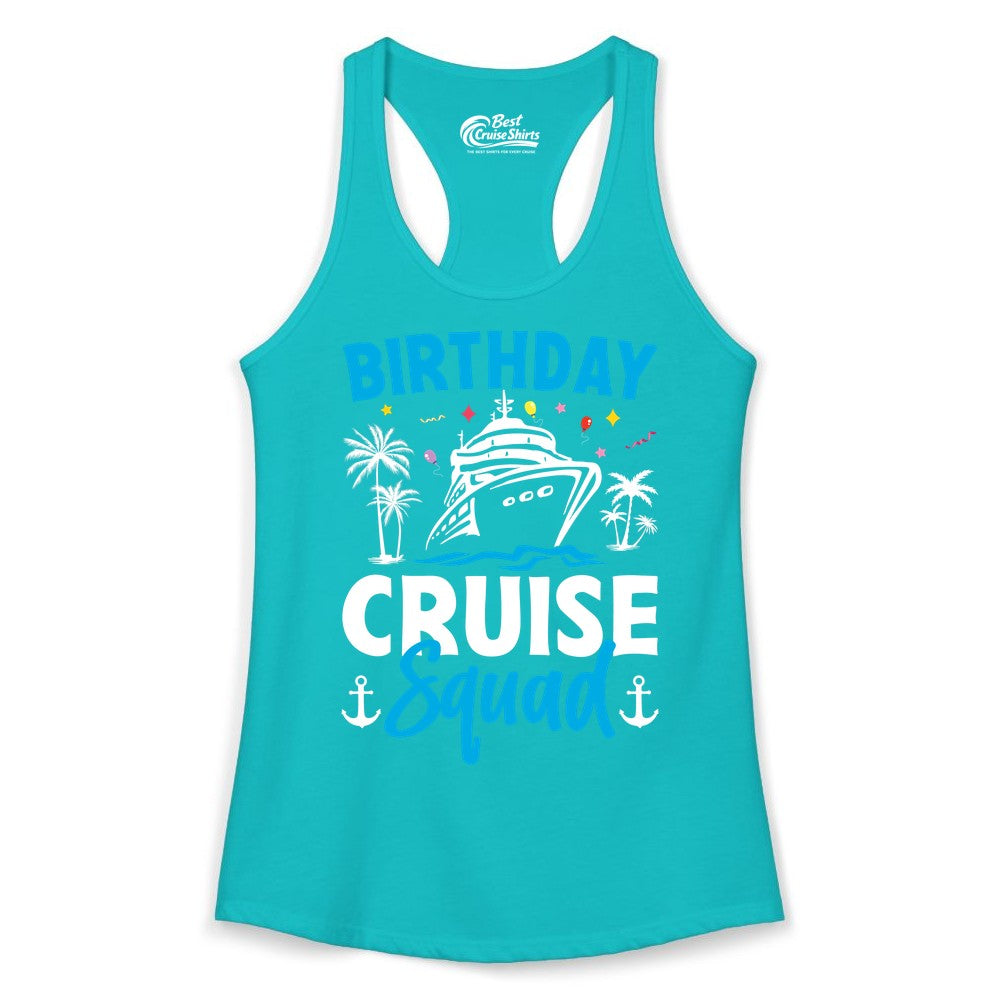 Birthday Cruise Squad Shirt - Tropical Birthday Cruise Apparel (Ladies Tank) in Tahiti Blue - Birthday Cruise Squad Shirt with Ship Palm Trees Balloons Nautical Icons