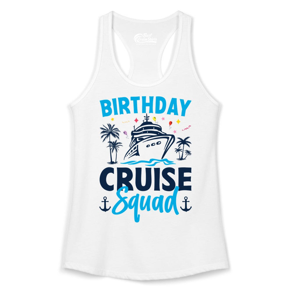 Birthday Cruise Squad Shirt - Tropical Birthday Cruise Apparel (Ladies Tank) in White - Birthday Cruise Squad Shirt with Ship Palm Trees Balloons Nautical Icons