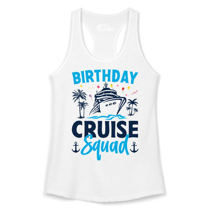 Birthday Cruise Squad Shirt - Tropical Birthday Cruise Apparel (Ladies Tank) in White - Birthday Cruise Squad Shirt with Ship Palm Trees Balloons Nautical Icons