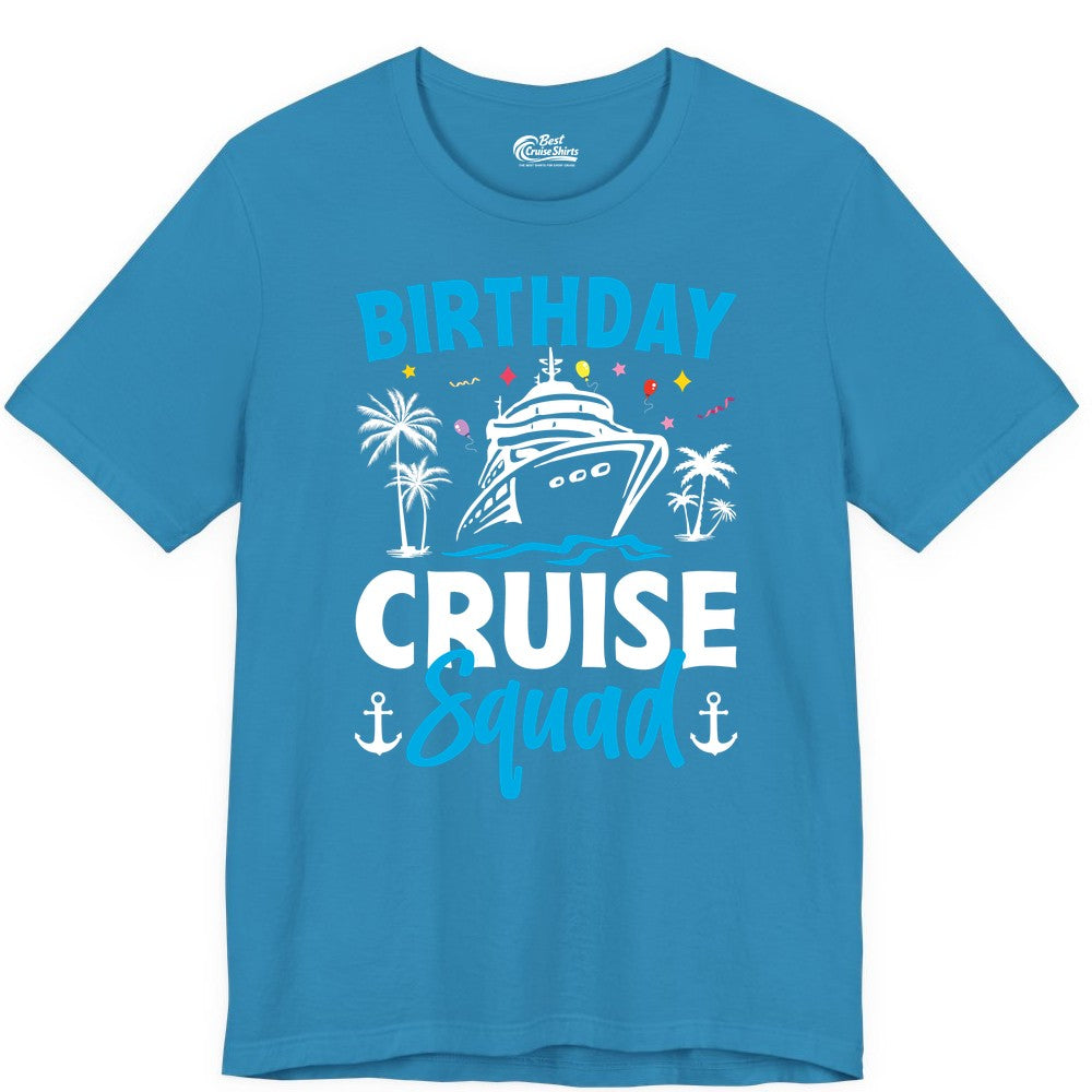 Birthday Cruise Squad Shirt - Tropical Birthday Cruise Apparel (Premium Tee) in Aqua - Birthday Cruise Squad Shirt with Ship Palm Trees Balloons Nautical Icons