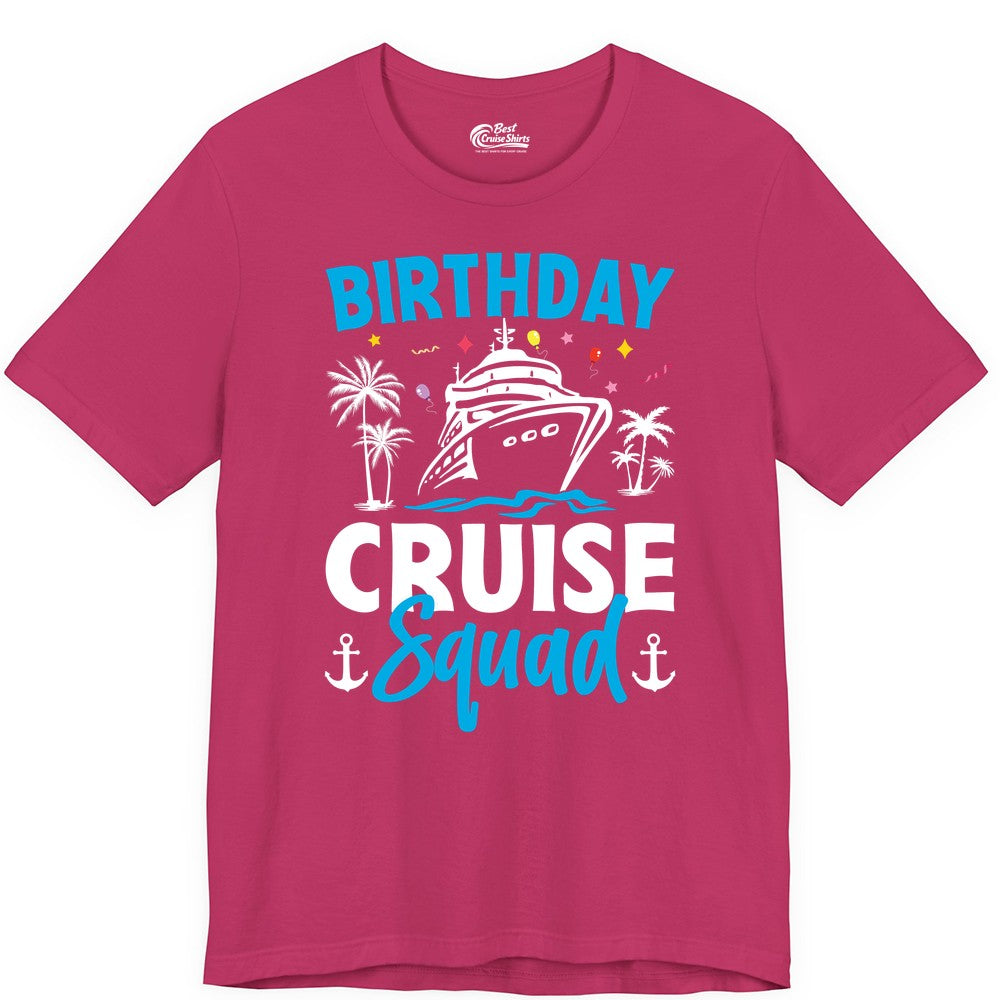 Birthday Cruise Squad Shirt - Tropical Birthday Cruise Apparel (Premium Tee) in Berry - Birthday Cruise Squad Shirt with Ship Palm Trees Balloons Nautical Icons
