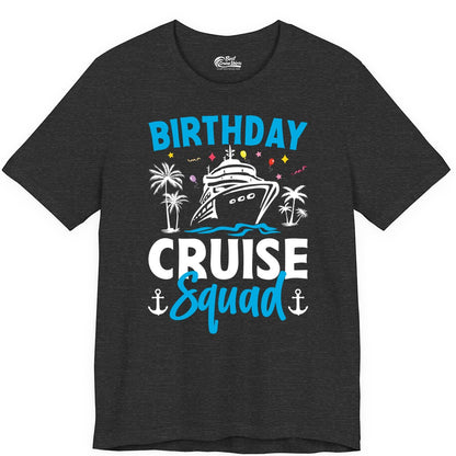 Birthday Cruise Squad Shirt - Tropical Birthday Cruise Apparel (Premium Tee) in Dark Grey Heather - Birthday Cruise Squad Shirt with Ship Palm Trees Balloons Nautical Icons