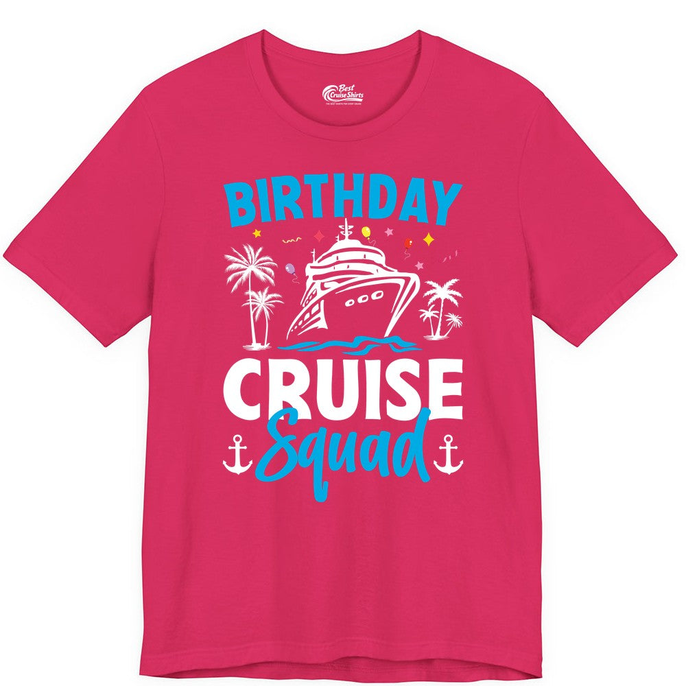 Birthday Cruise Squad Shirt - Tropical Birthday Cruise Apparel (Premium Tee) in Fuchsia - Birthday Cruise Squad Shirt with Ship Palm Trees Balloons Nautical Icons