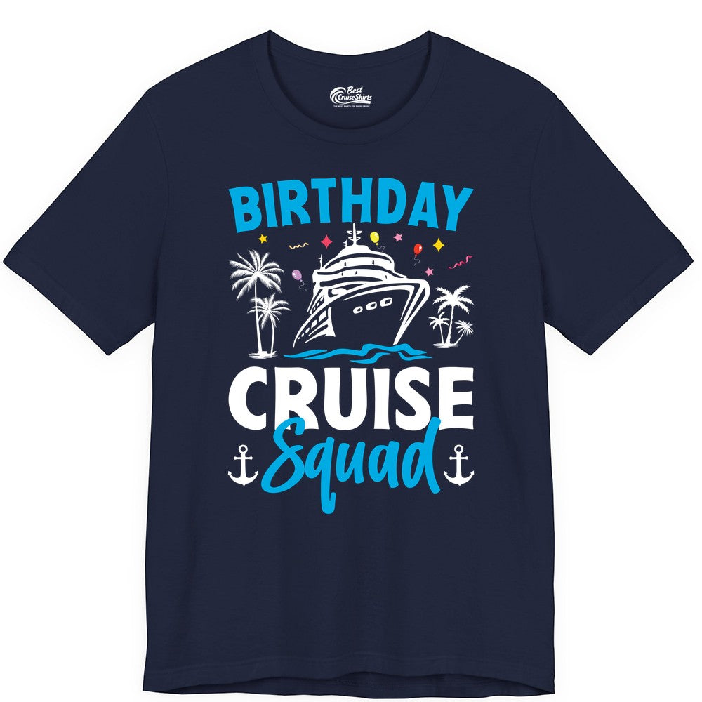 Birthday Cruise Squad Shirt - Tropical Birthday Cruise Apparel (Premium Tee) in Navy - Birthday Cruise Squad Shirt with Ship Palm Trees Balloons Nautical Icons