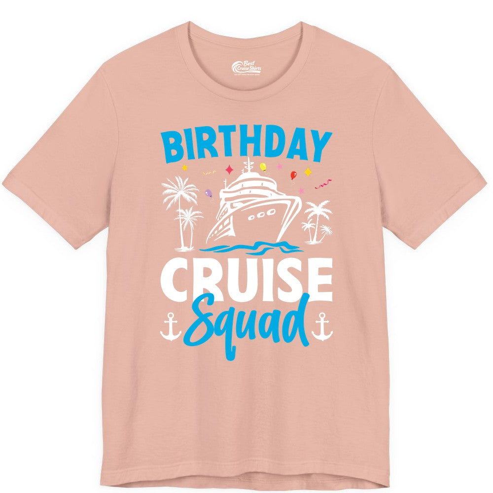 Birthday Cruise Squad Shirt - Tropical Birthday Cruise Apparel (Premium Tee) in Peach - Birthday Cruise Squad Shirt with Ship Palm Trees Balloons Nautical Icons