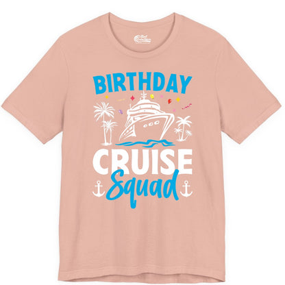 Birthday Cruise Squad Shirt - Tropical Birthday Cruise Apparel (Premium Tee) in Peach - Birthday Cruise Squad Shirt with Ship Palm Trees Balloons Nautical Icons