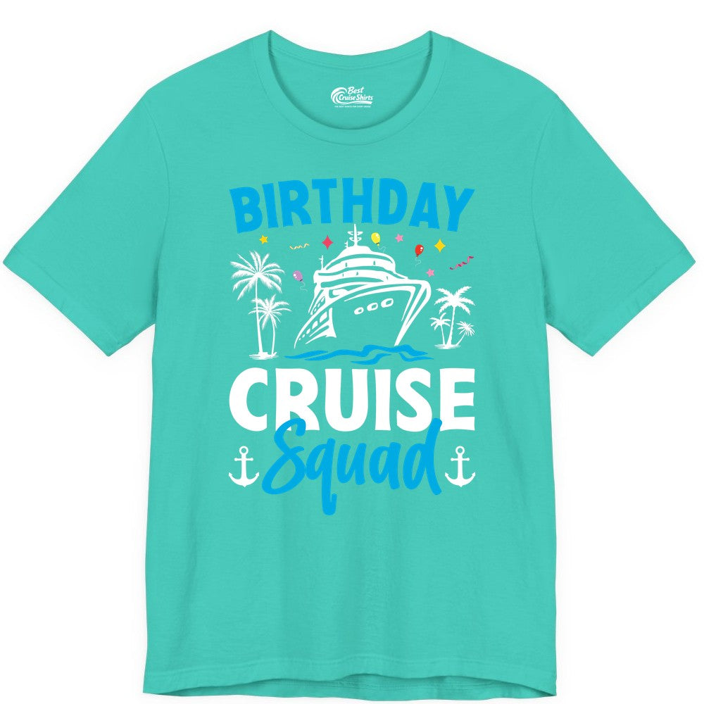 Birthday Cruise Squad Shirt - Tropical Birthday Cruise Apparel (Premium Tee) in Teal - Birthday Cruise Squad Shirt with Ship Palm Trees Balloons Nautical Icons