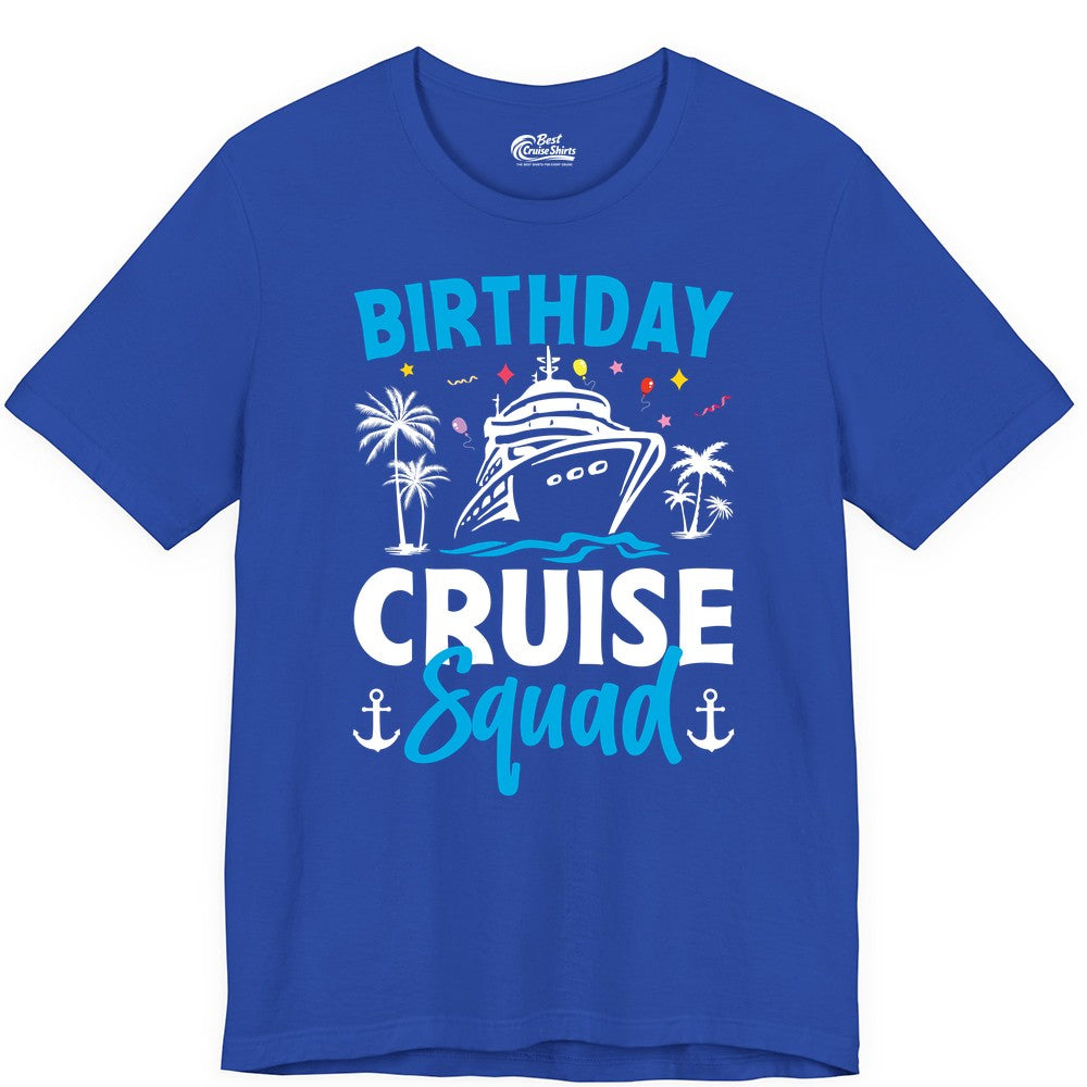 Birthday Cruise Squad Shirt - Tropical Birthday Cruise Apparel (Premium Tee) in True Royal - Birthday Cruise Squad Shirt with Ship Palm Trees Balloons Nautical Icons