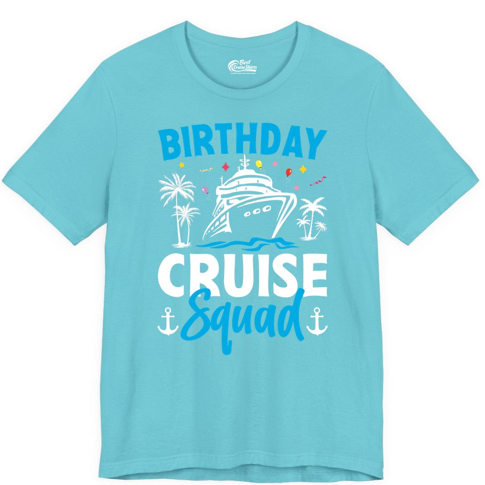 Birthday Cruise Squad Shirt - Tropical Birthday Cruise Apparel (Premium Tee) in Turquoise - Birthday Cruise Squad Shirt with Ship Palm Trees Balloons Nautical Icons