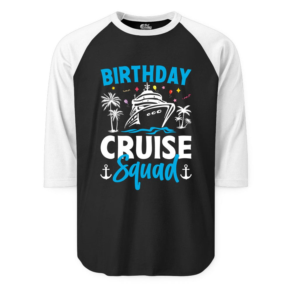Birthday Cruise Squad Shirt - Tropical Birthday Cruise Apparel (Raglan) in BlackWhite - Birthday Cruise Squad Shirt with Ship Palm Trees Balloons Nautical Icons