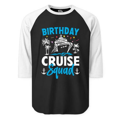 Birthday Cruise Squad Shirt - Tropical Birthday Cruise Apparel (Raglan) in BlackWhite - Birthday Cruise Squad Shirt with Ship Palm Trees Balloons Nautical Icons